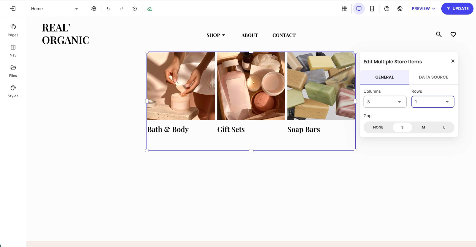 General settings for a component that displays categories
