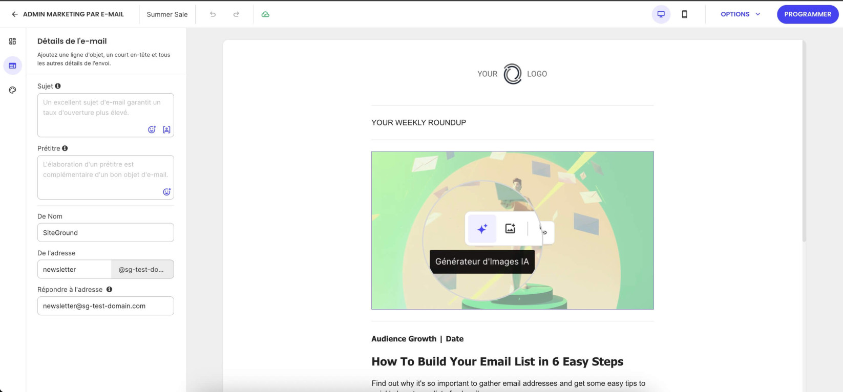 Capture d’écran de l’interface du Générateur d’Images IA de SiteGround, montrant le champ de texte pour l’invite, les options de taille d’image et un bouton « Générer ».