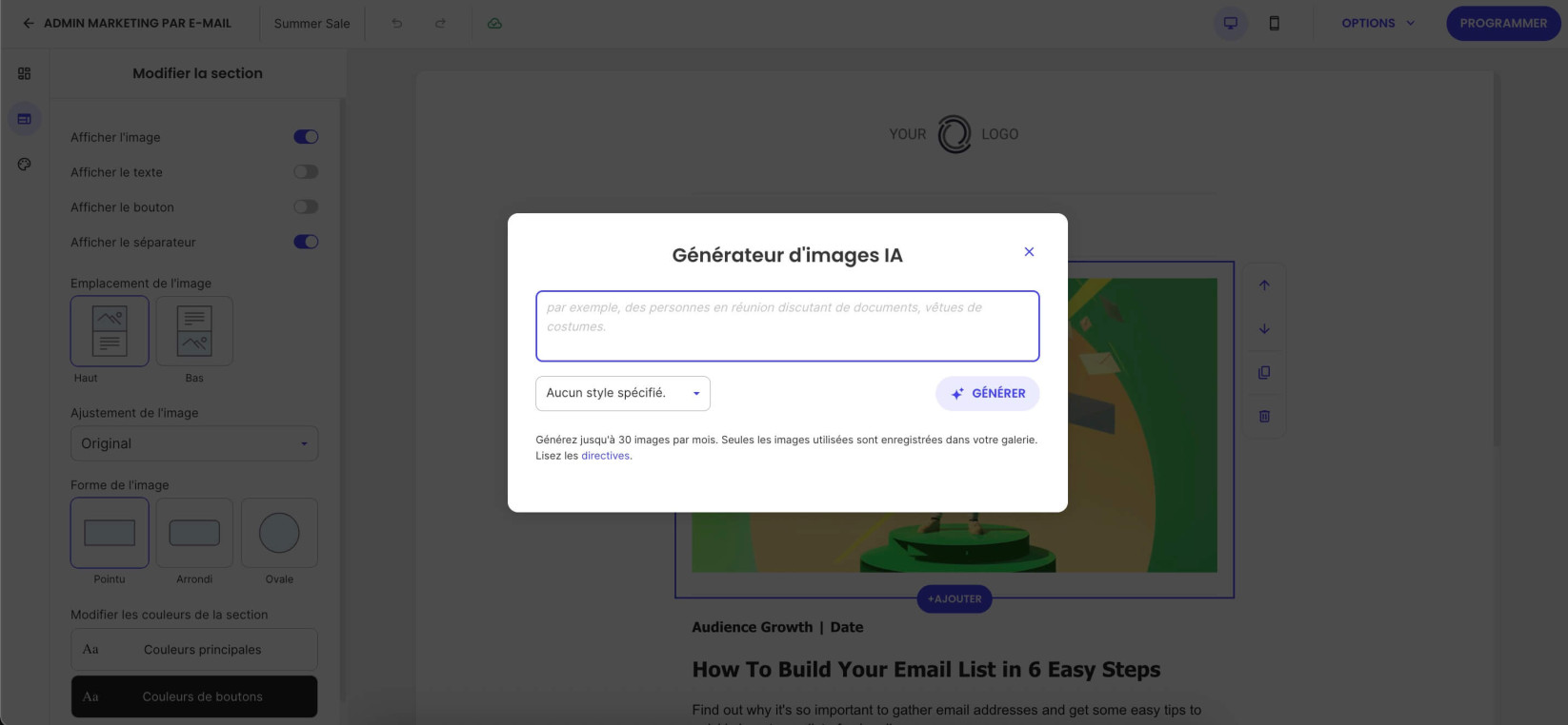 Capture d’écran de l’écran de saisie de prompt du Générateur d’Images IA de SiteGround, avec un texte descriptif saisi et des options de style en dessous.