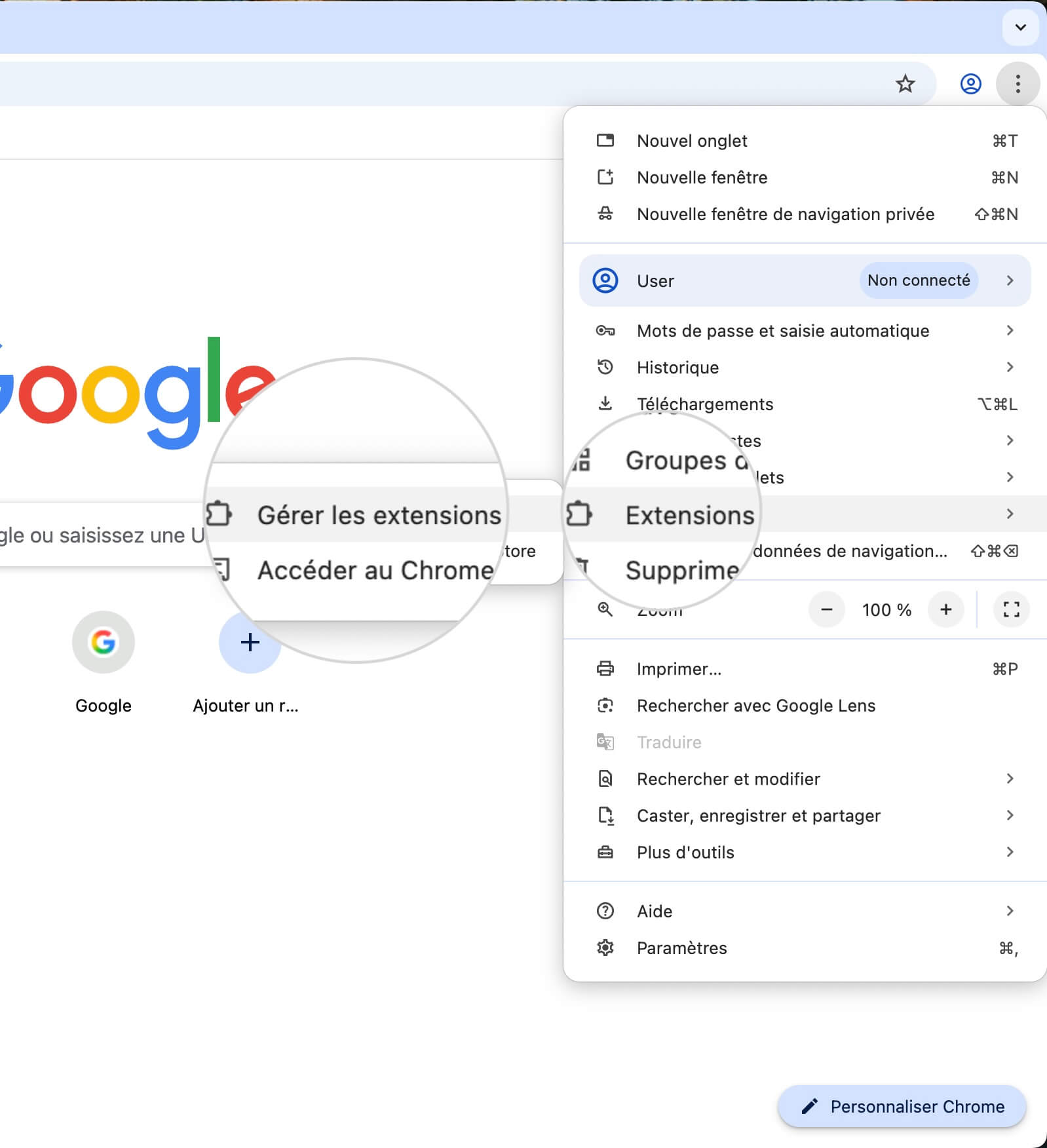 Menu Gérer les extensions dans Google Chrome