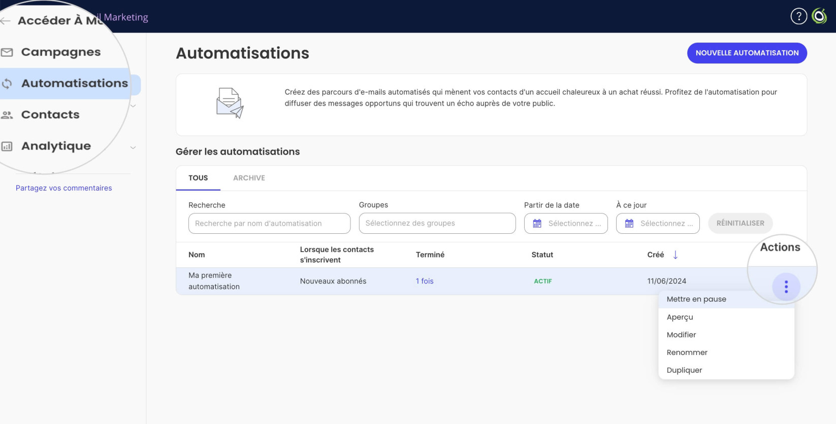 Gérer une automatisation dans le Marketing par e-mail 