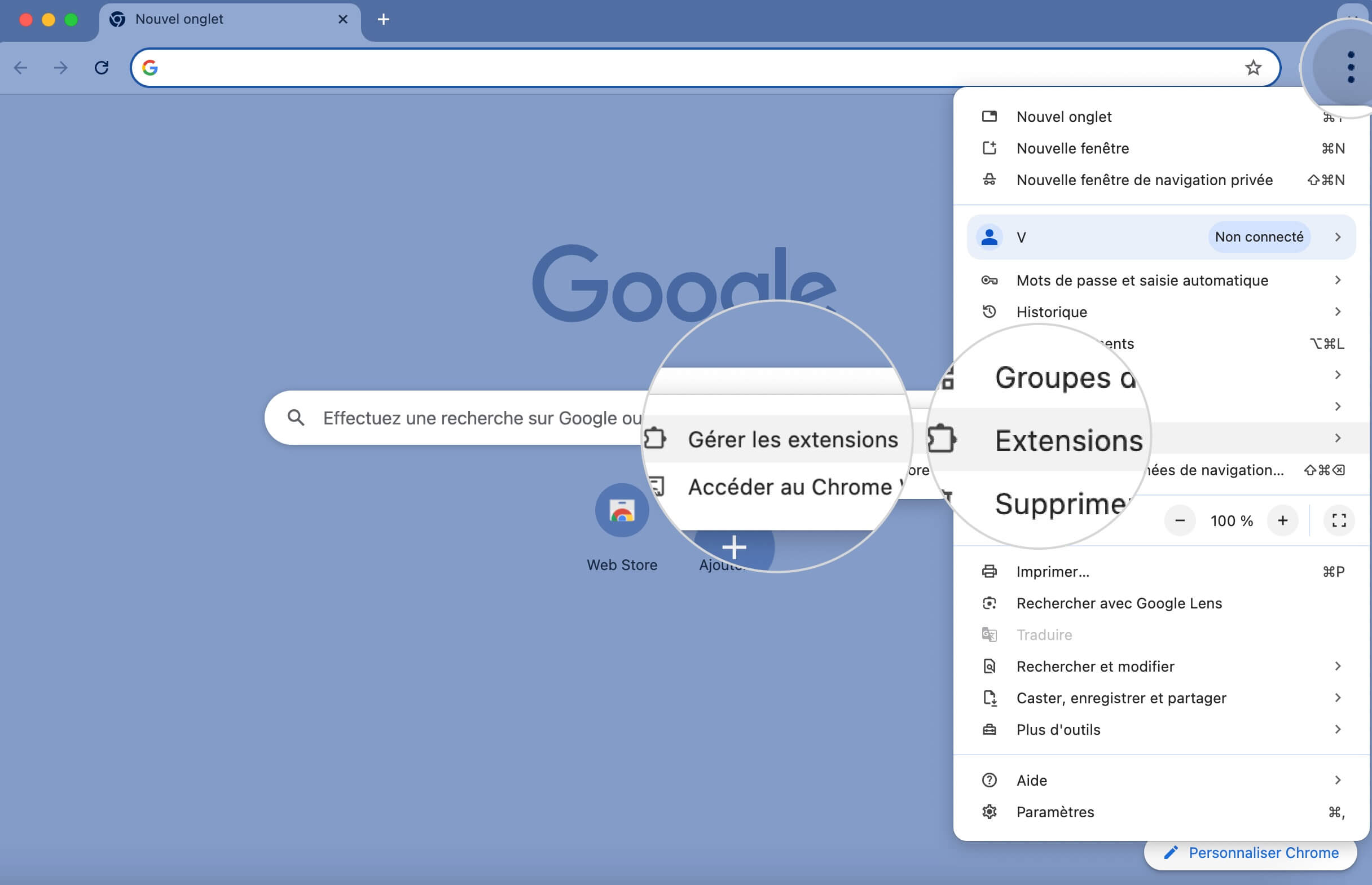 Section Gérer les extensions de Google Chrome pour désactiver les extensions défectueuses qui peuvent être à l'origine de l'erreur ERR_BAD_SSL_CLIENT_AUTH_CERT.