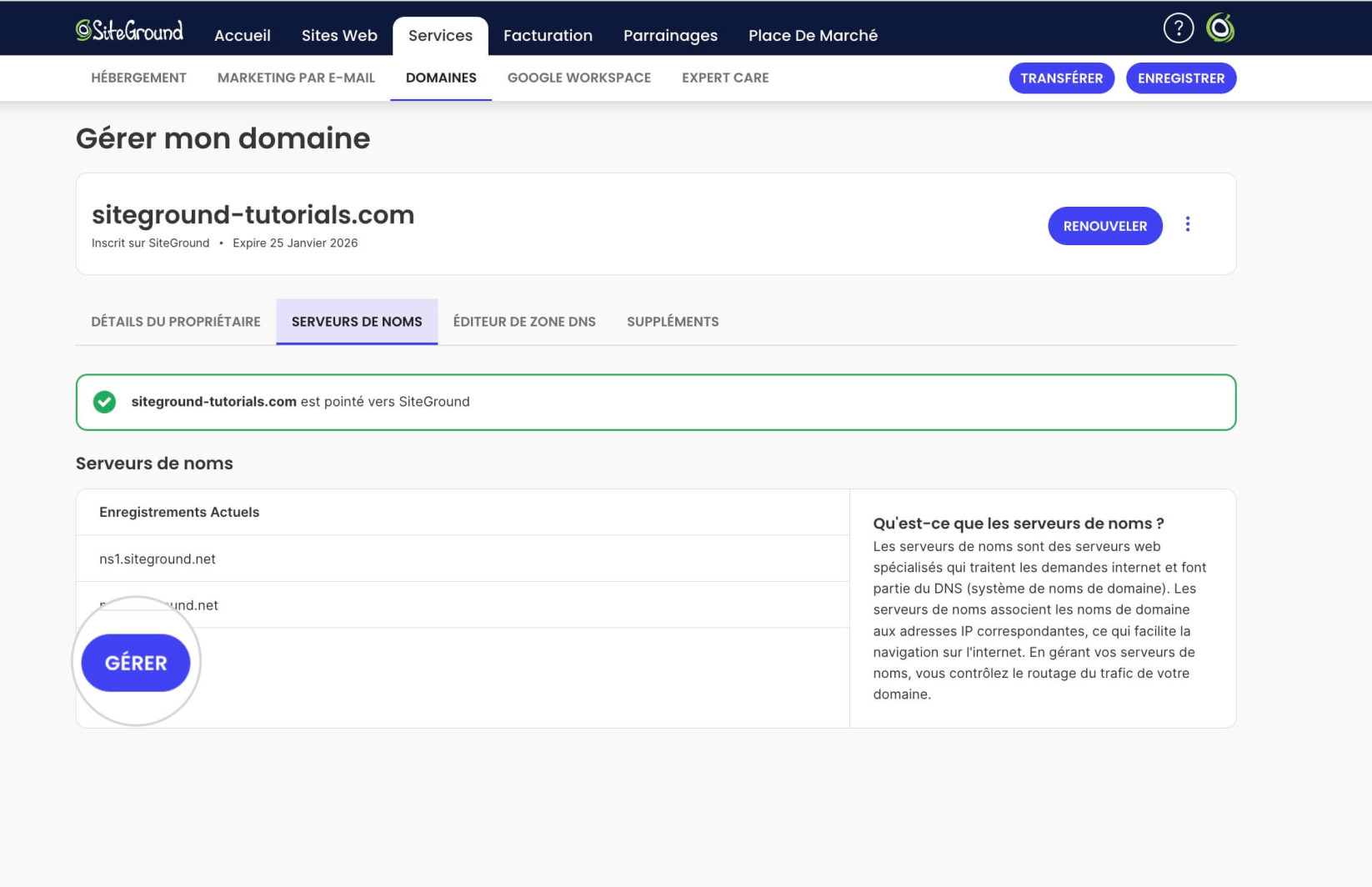 Gestion des serveurs de noms pour un domaine enregistré par SiteGround