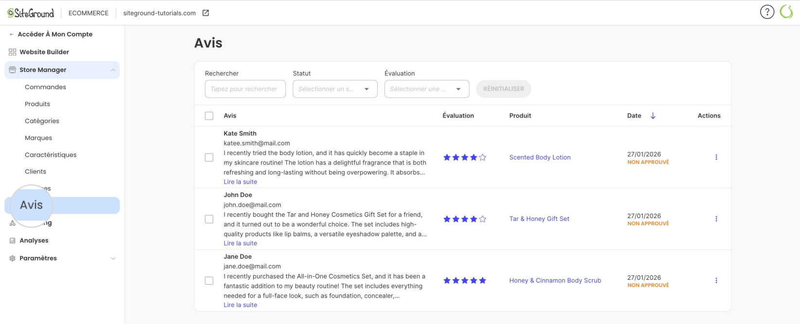 Page des avis produits dans le gestionnaire de boutique affichant une liste d'avis