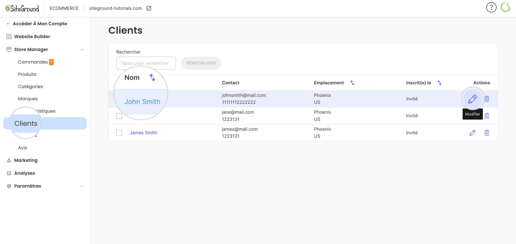 Page de liste des clients dans SiteGround Ecommerce, affichant un seul enregistrement avec nom, e-mail, numéro de téléphone, localisation et icônes d'action pour modifier ou supprimer l'enregistrement.