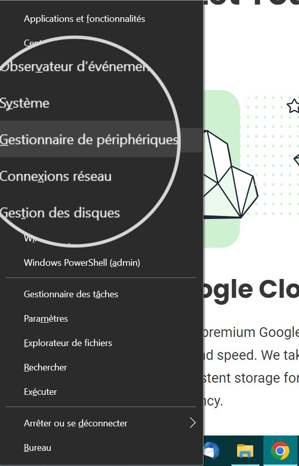 Capture d'écran du gestionnaire de périphériques dans le menu des paramètres de Windows