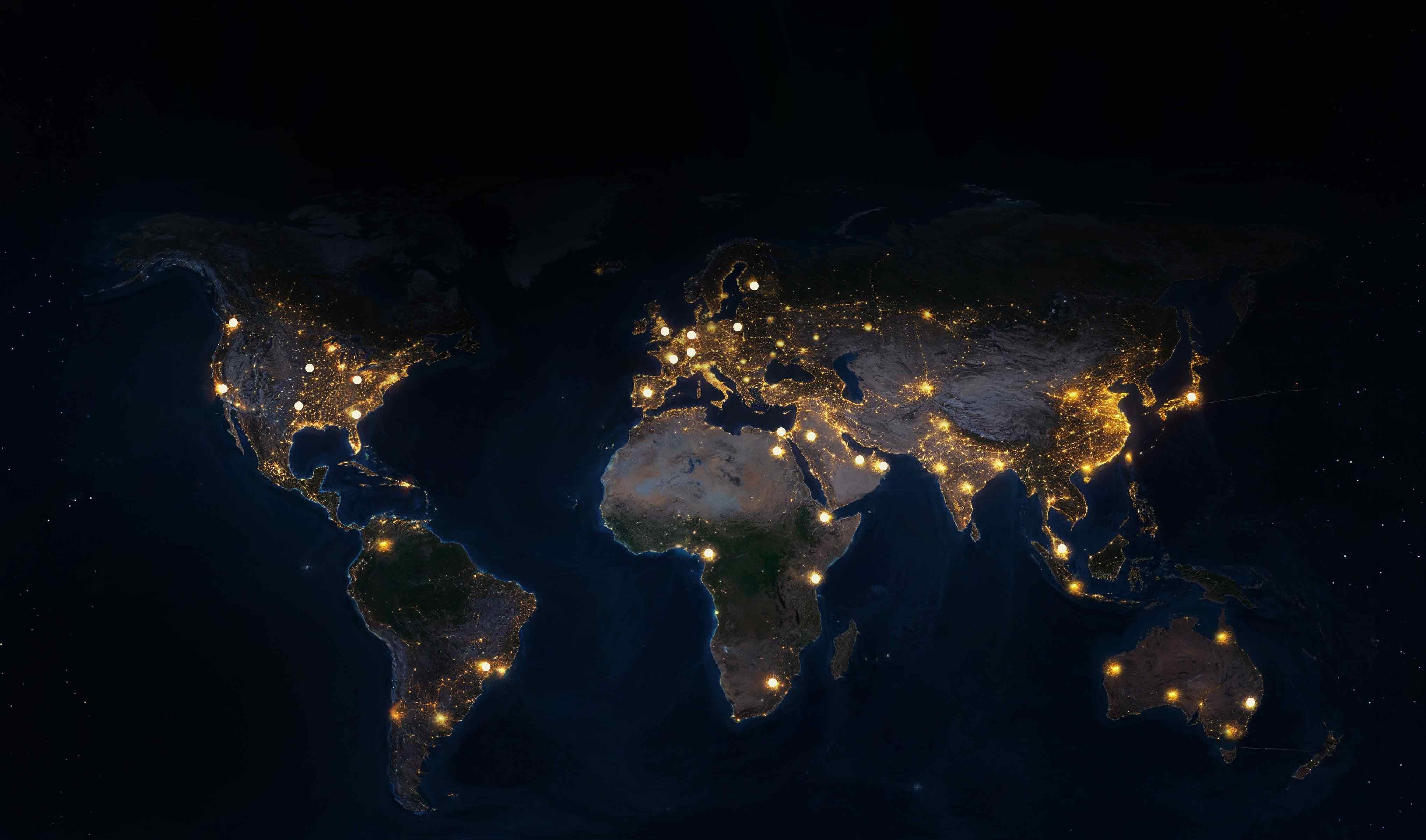Nighttime world map highlighting SiteGround's data centers and CDN locations across four continents