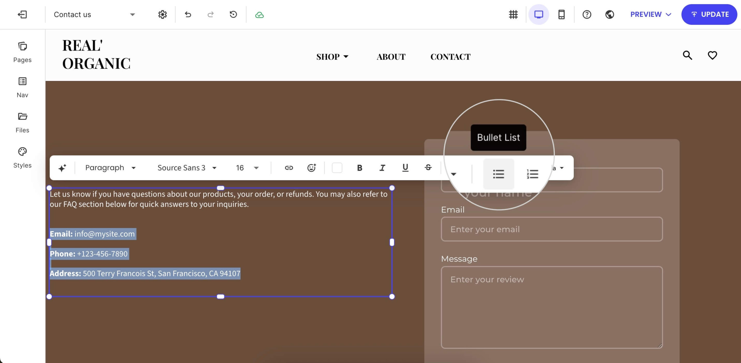 Text editor in SiteGround Website Builder with highlighted content and bullet list formatting option selected.
