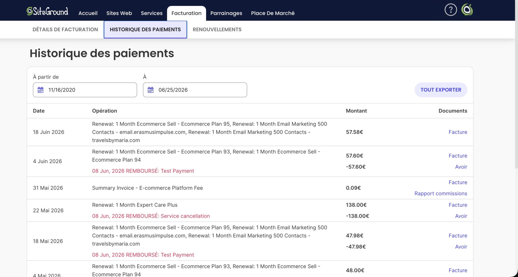 Historique des paiements dans la section Facturation d'un Espace Client SiteGround