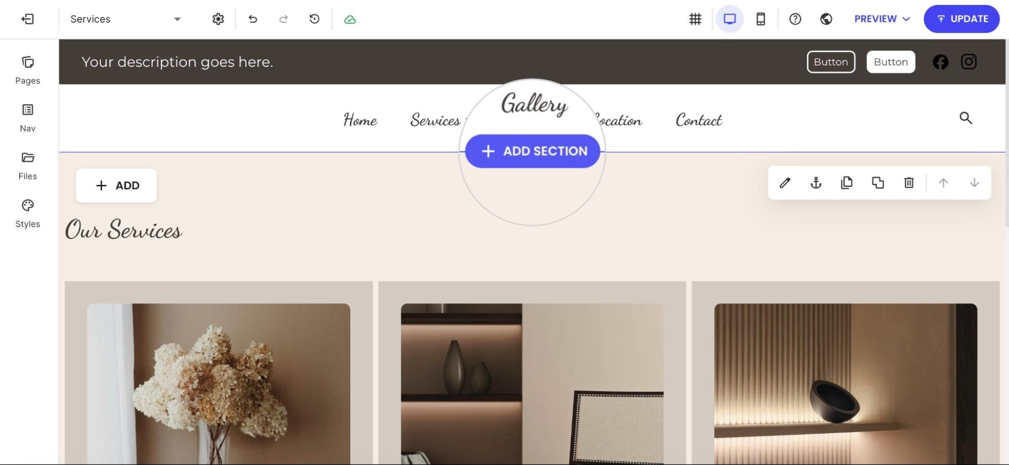 Selecting the option to add a new section to the Services page in the builder.