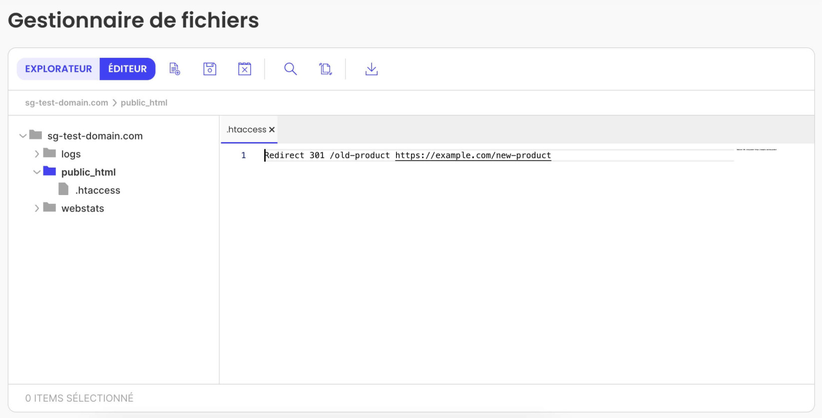 Capture d'écran du gestionnaire de fichiers de SiteGround, avec un fichier htaccess ouvert contenant une ligne de code qui définit une redirection 301.