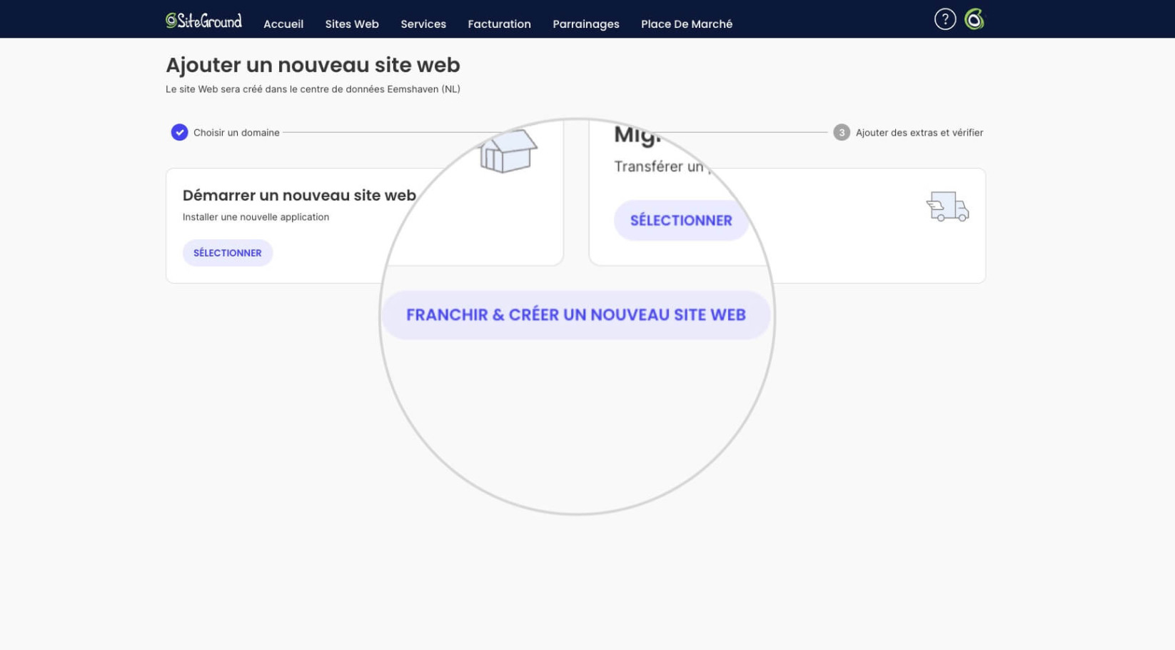 Assistant de configuration de nouveau site web avec une option Franchir & créer un nouveau site web mise en évidence