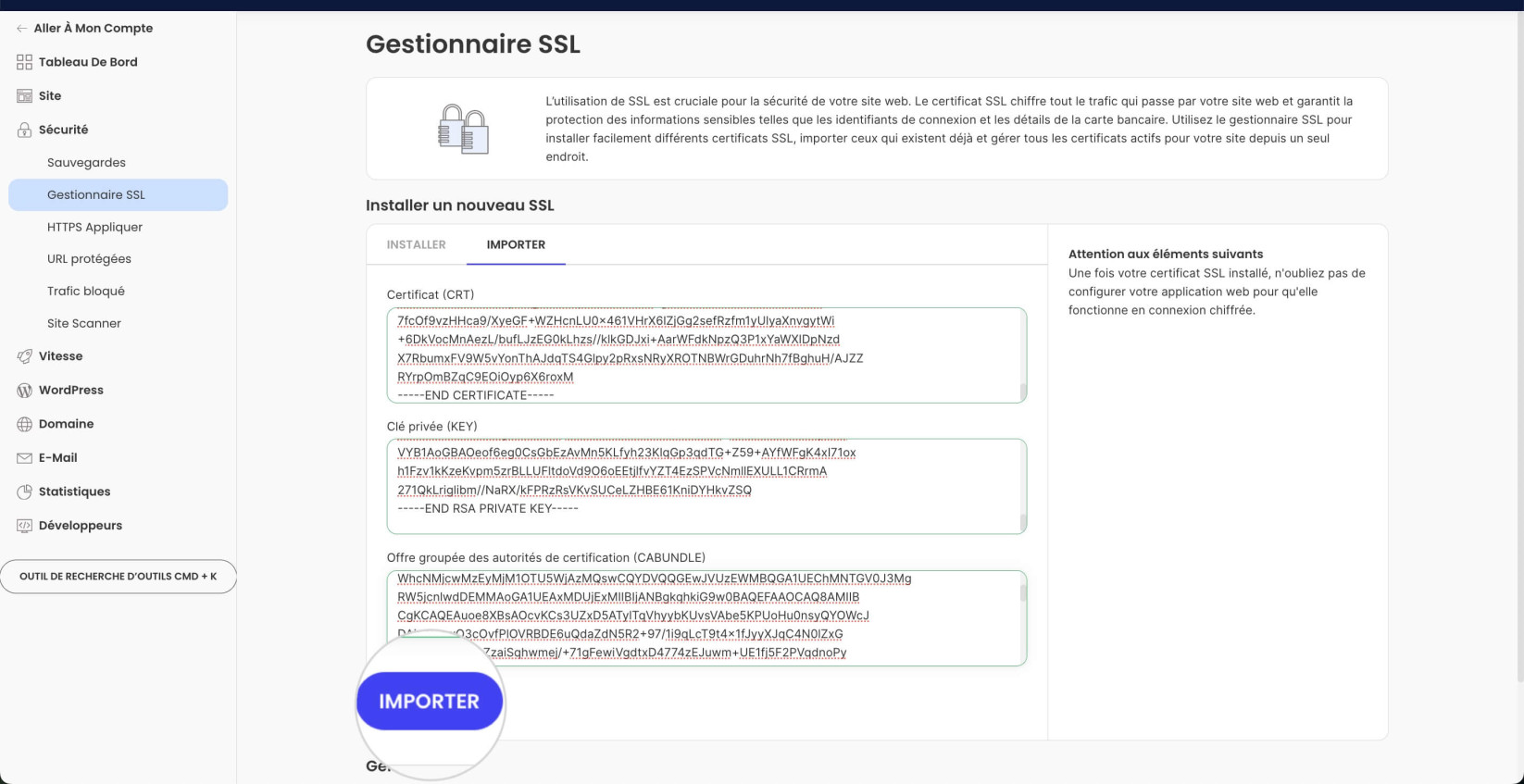 Importer un SSL dans Site Tools

