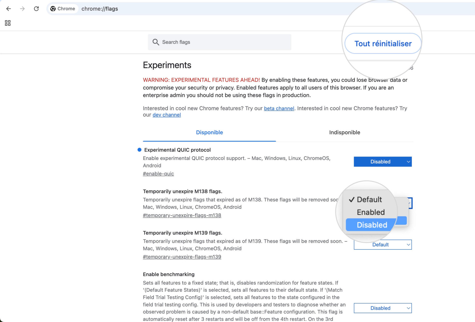 Menu des indicateurs Chrome affichant les paramètres expérimentaux avec la possibilité de les désactiver