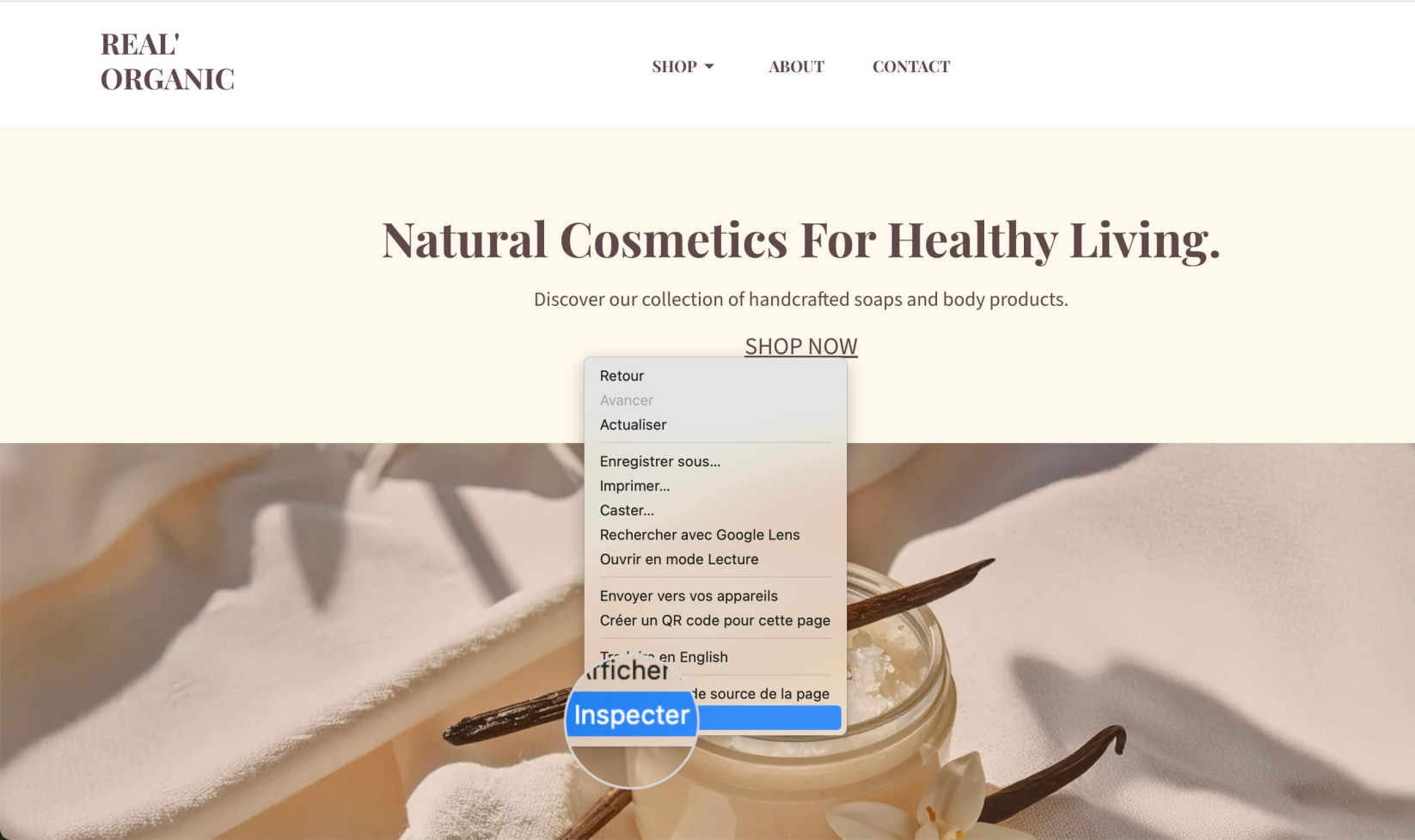 Menu contextuel de Chrome pour un site web affichant l'option Inspecter