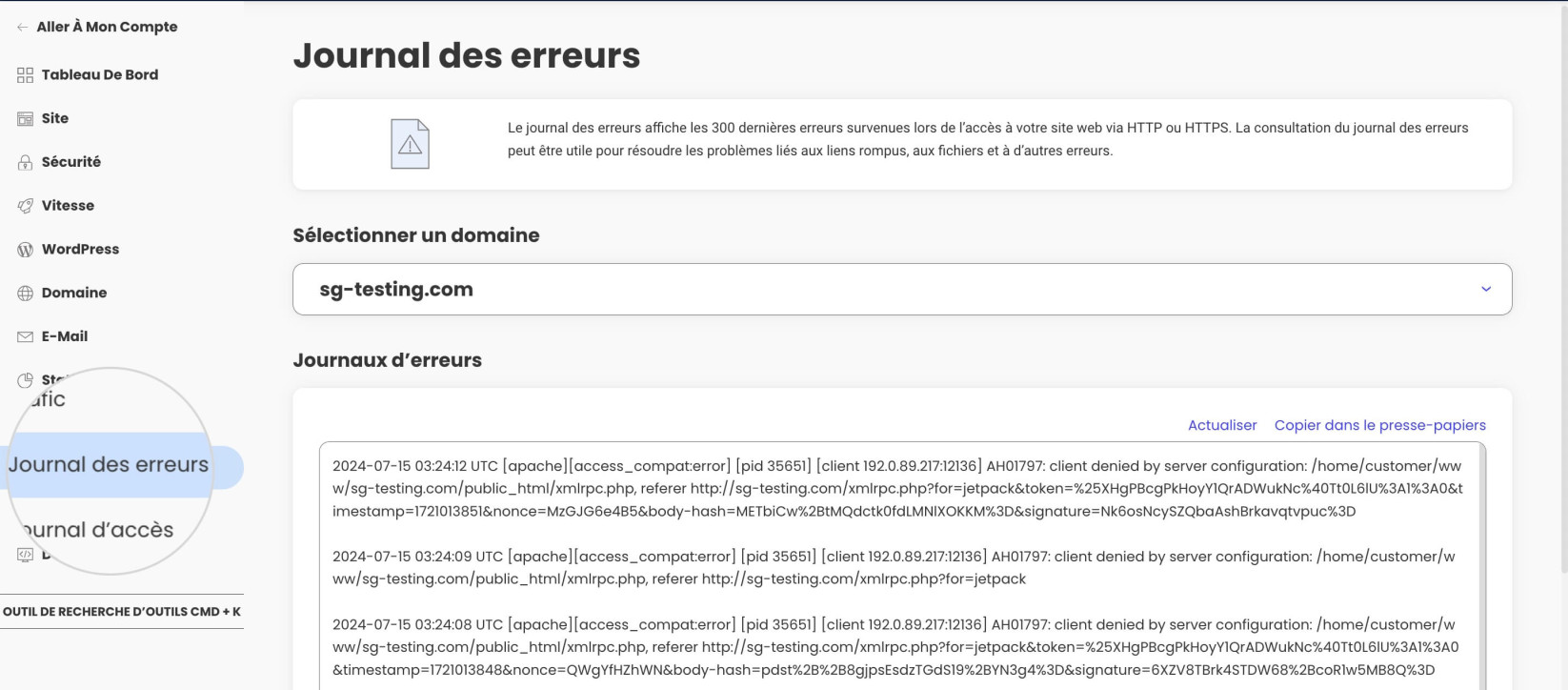 Journal des erreurs dans Site Tools
