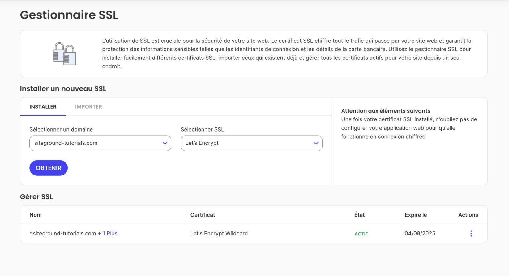 Installateur SSL dans Site Tools 