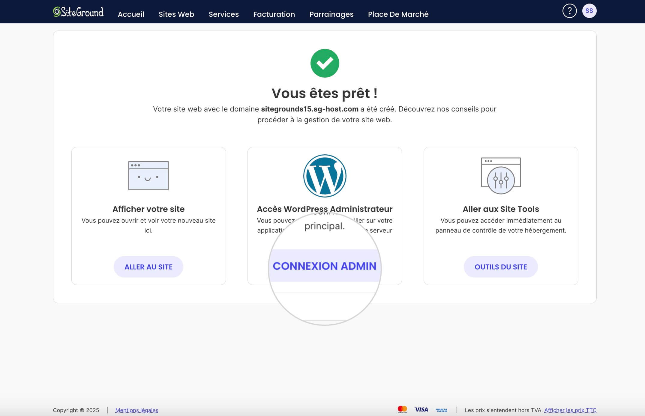 Installation de WordPress terminée : connexion au tableau de bord d’administration.