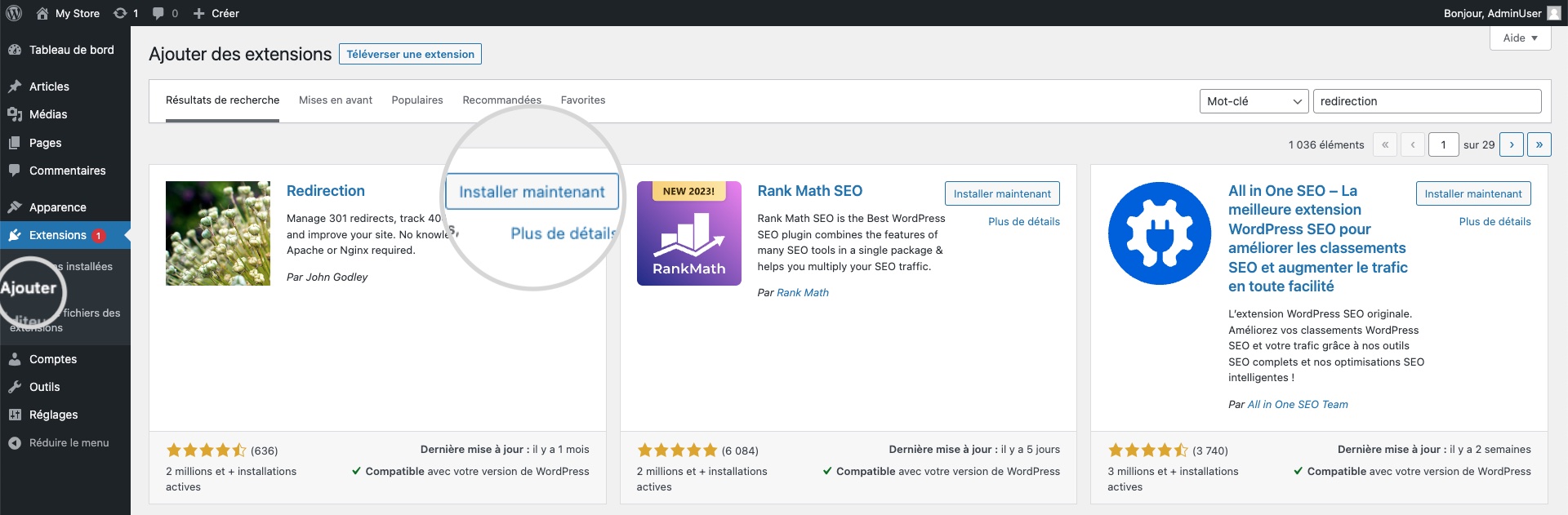 Installation du plugin de Redirection dans un site WordPress