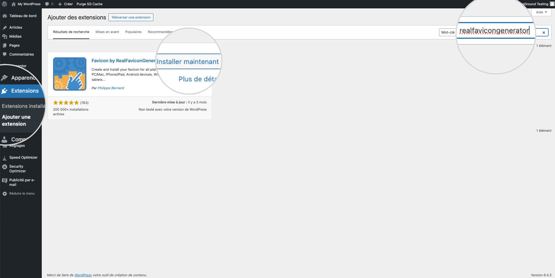 Capture d'écran montrant comment installer le plugin RealFaviconGenerator dans WordPress