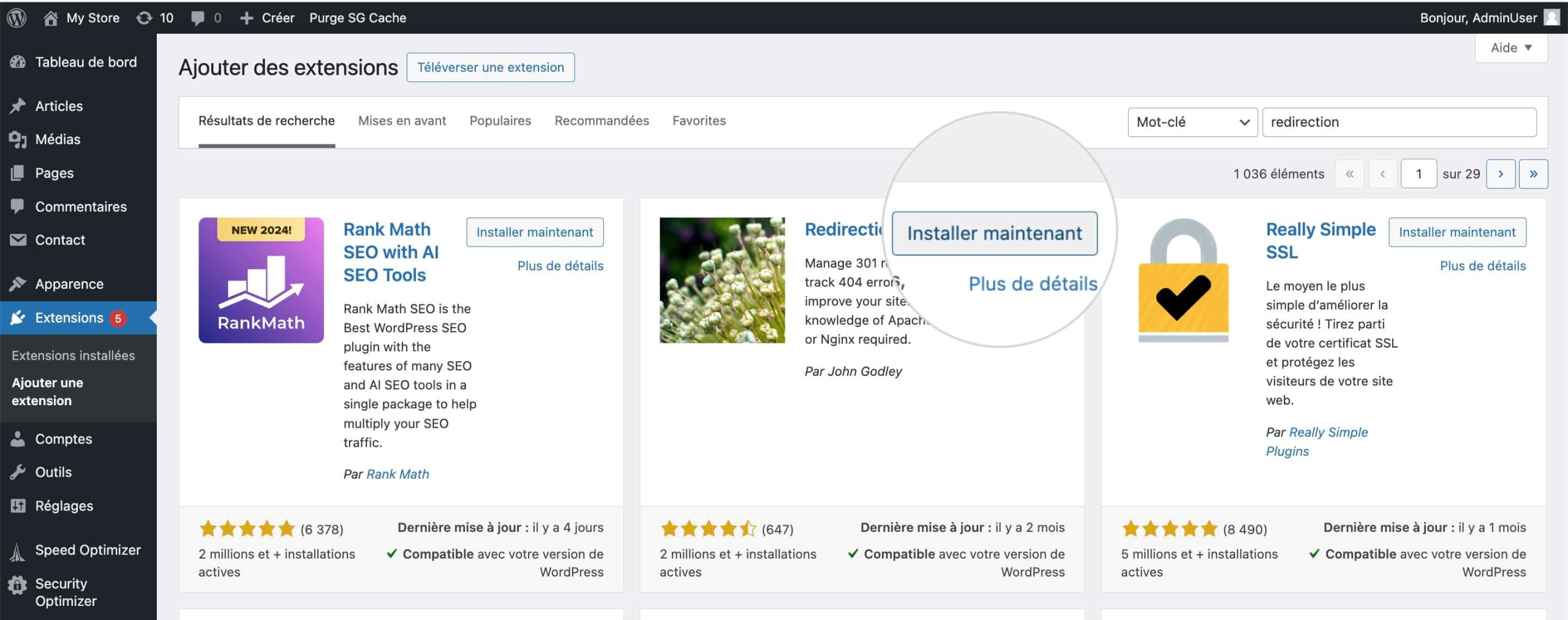Installation du plugin Redirection dans WordPress