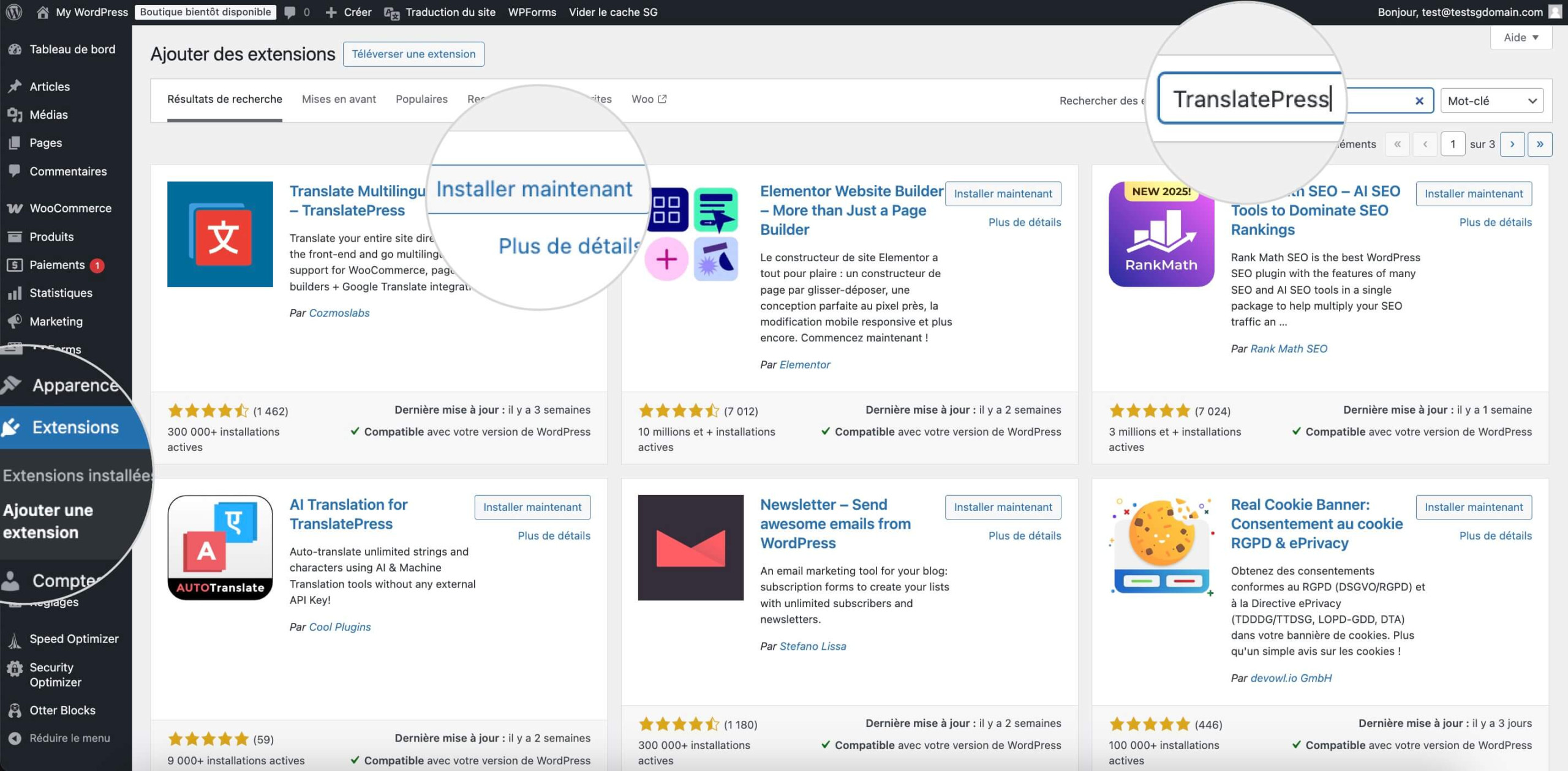 Installation du plugin TranslatePress dans WordPress pour créer un site multilingue.