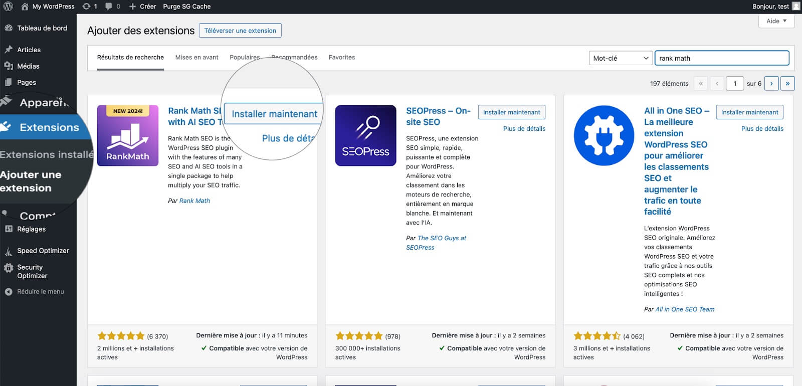 Guide étape par étape présenté dans une capture d'écran pour installer le plugin Rank Math pour gérer les redirections 301 sur un site WordPress.