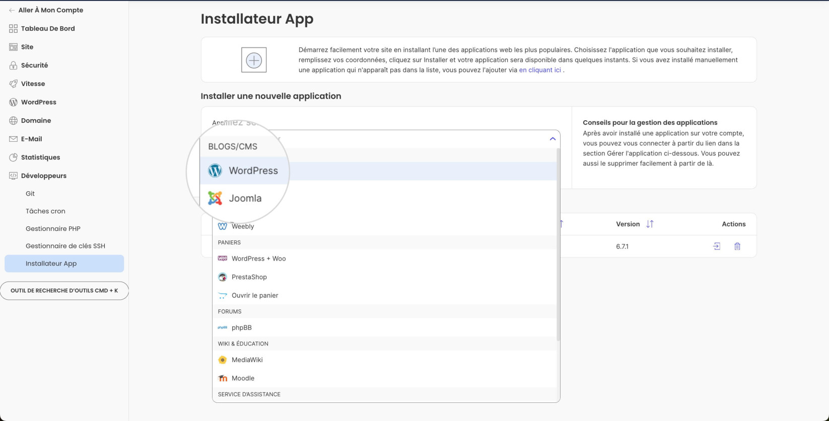 Comment installer WordPress ou une autre application dans les outils du site 