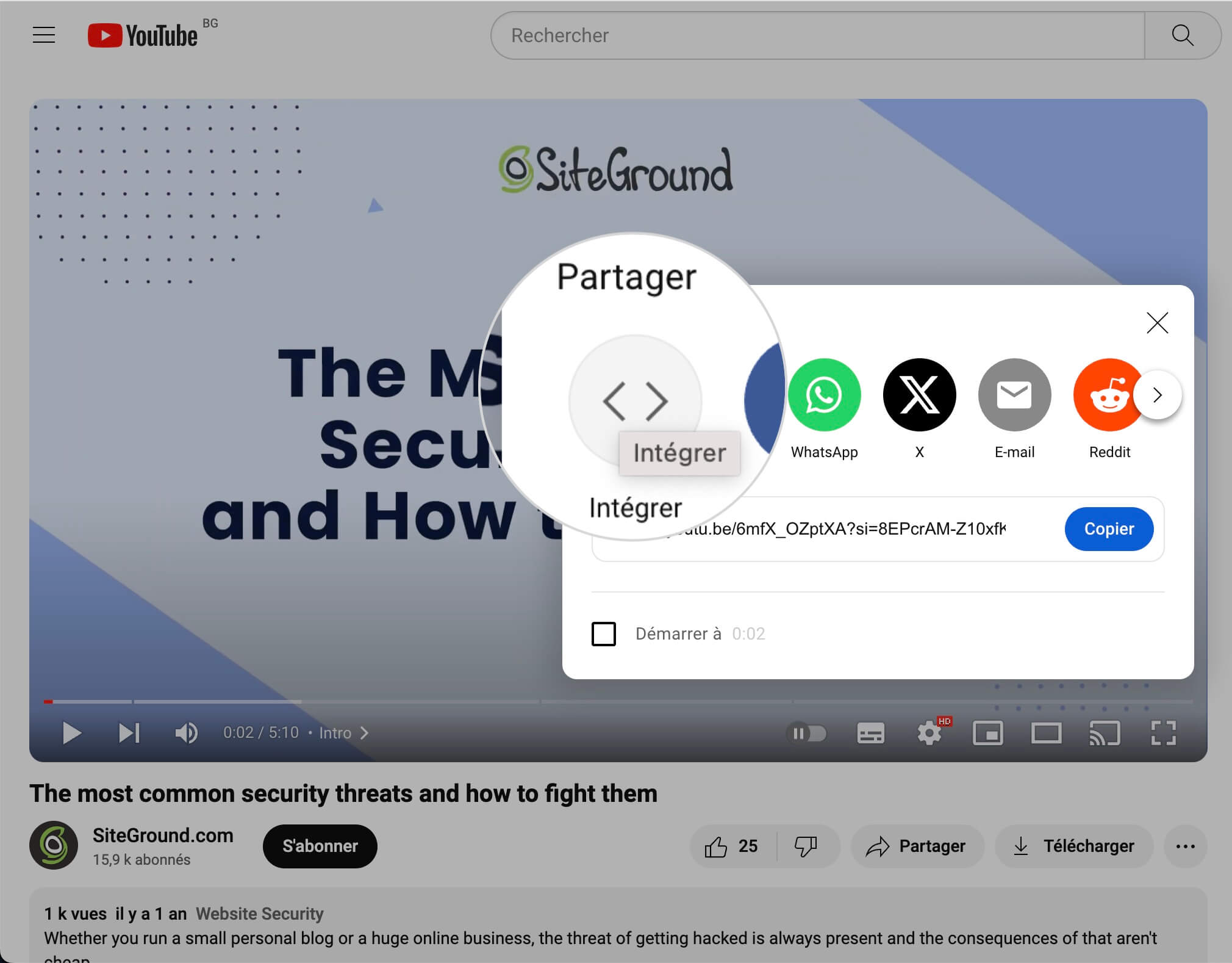Obtenir le code de l’iFrame sur YouTube en utilisant le bouton « Intégrer »