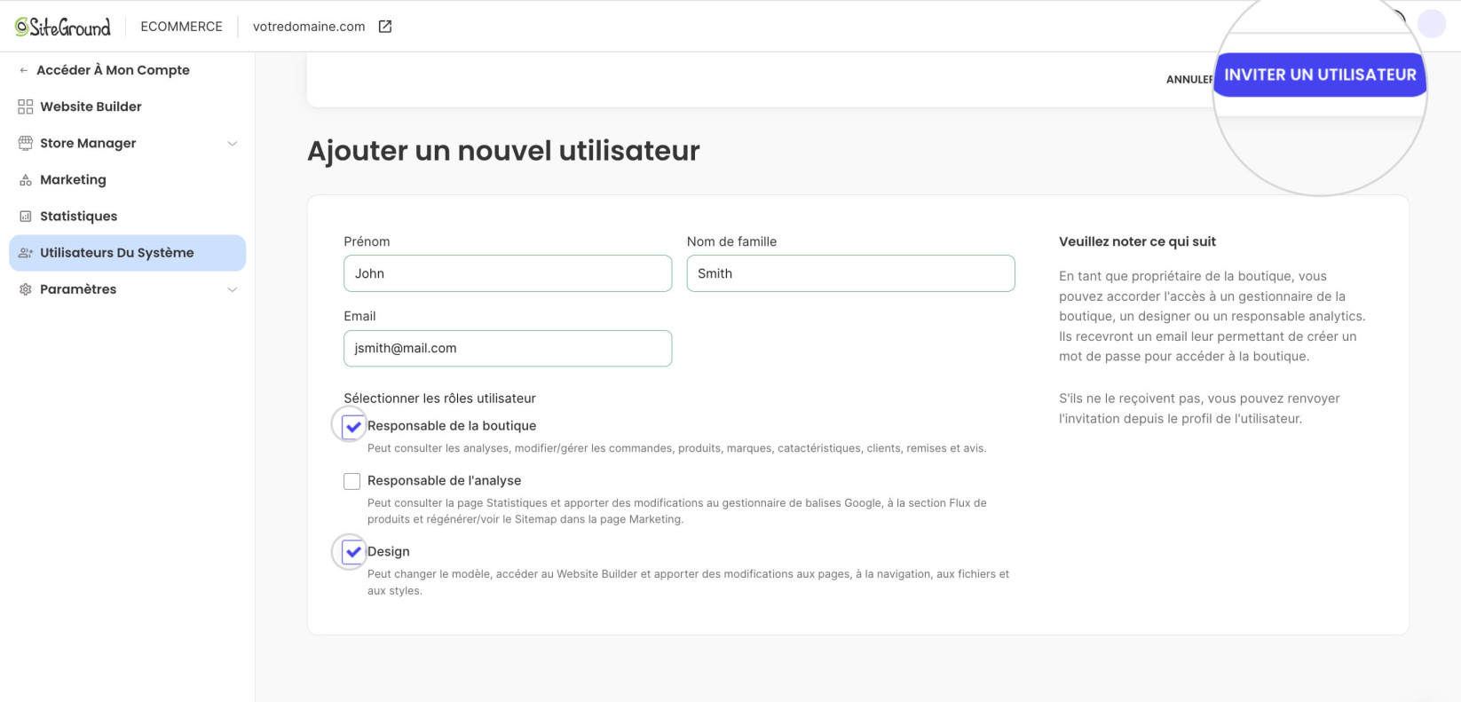 Page Utilisateur système où vous renseignez les informations de l'utilisateur et envoyez une invitation via le bouton Inviter un utilisateur