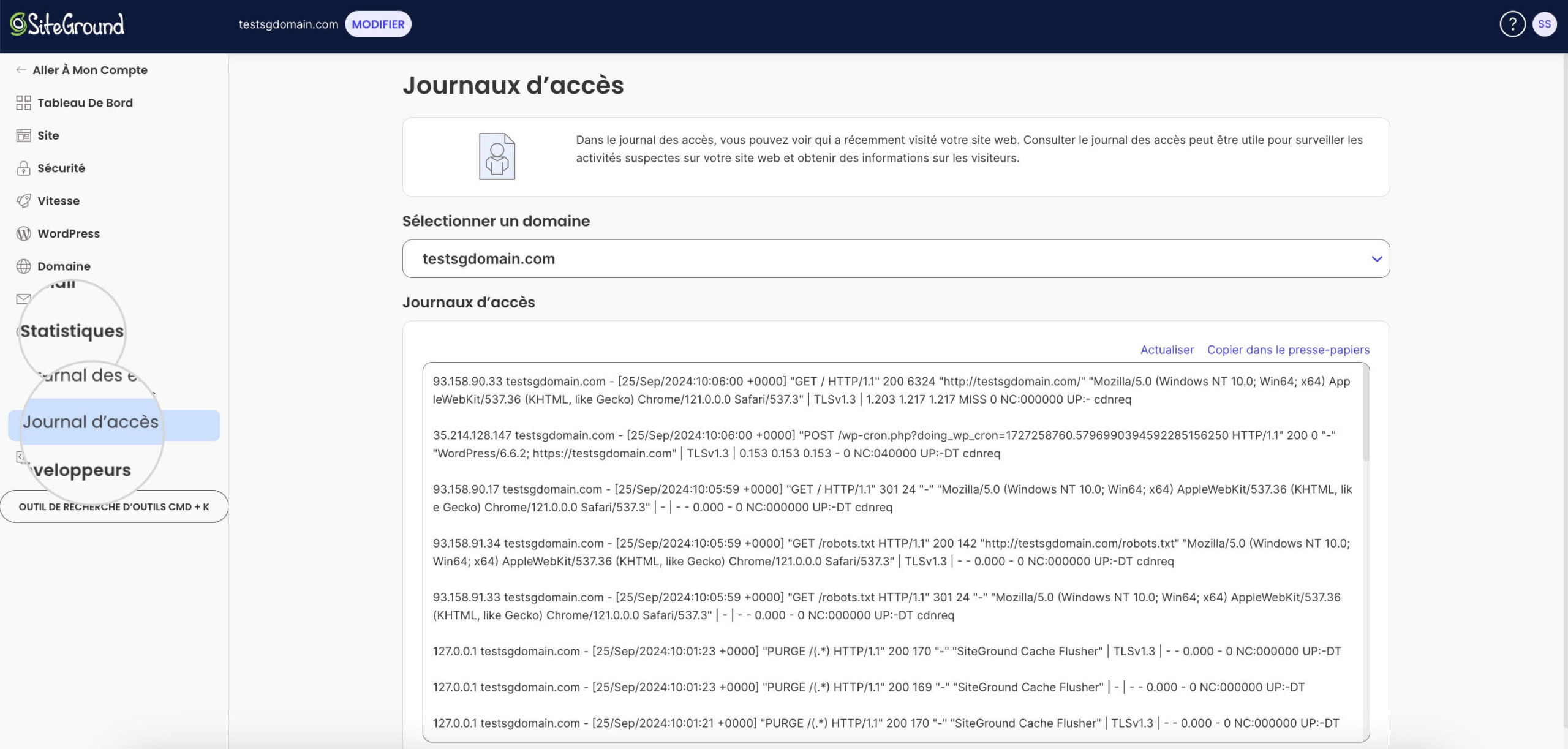 Une capture d'écran de la zone Journaux d'accès dans les outils du site