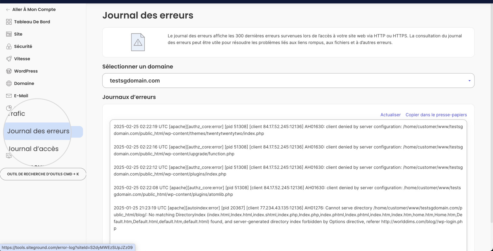 Journaux d'erreurs du serveur