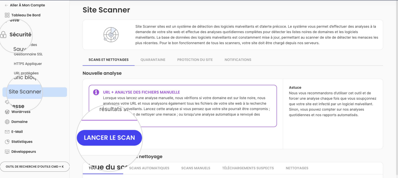 Comment démarrer une analyse avec Site Scanner