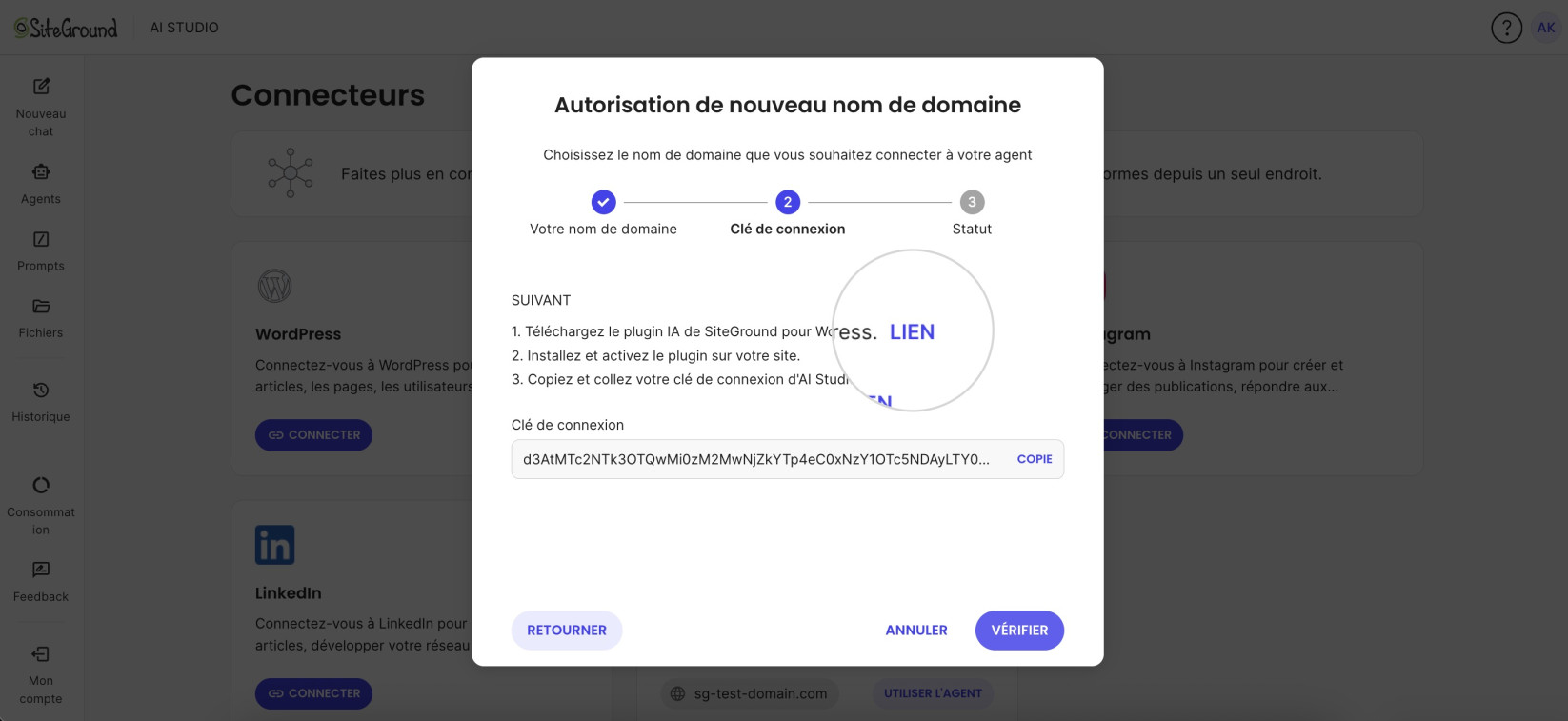 Fenêtre d’AI Studio indiquant les étapes pour télécharger et installer le plugin IA SiteGround pour WordPress, avec un lien direct vers le plugin.