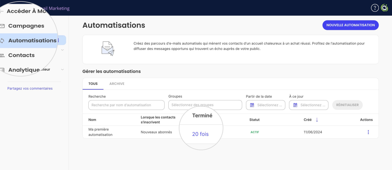 Lien vers les statistiques d'une automatisation d'e-mail 