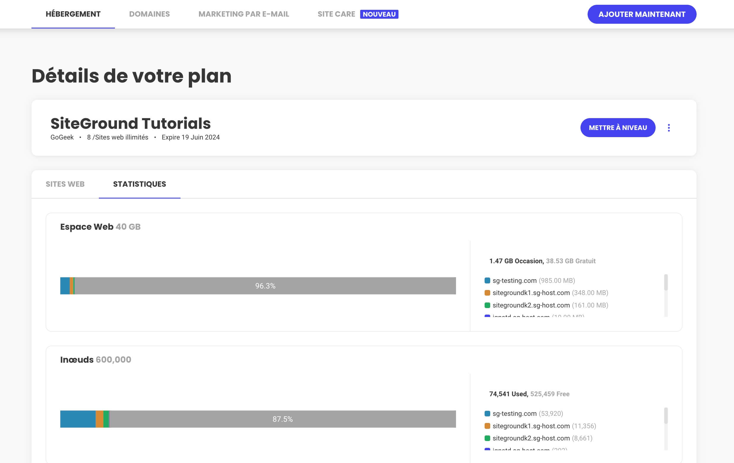 Statistiques du compte dans l’espace client de SiteGround