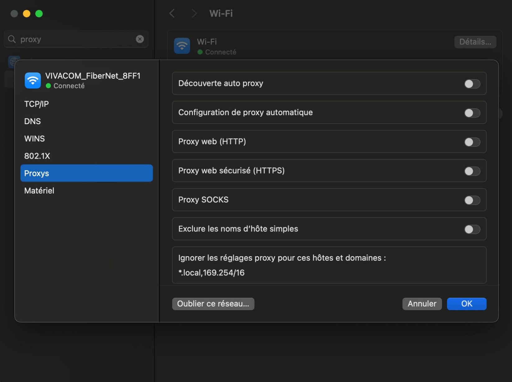 Écran des paramètres proxy de macOS sous les options du réseau Wi-Fi. Comprend des options pour la découverte automatique du proxy, la configuration automatique du proxy, le proxy Web (HTTP), le proxy Web sécurisé (HTTPS), le proxy SOCKS et l’exclusion du proxy pour des hôtes et domaines spécifiques.