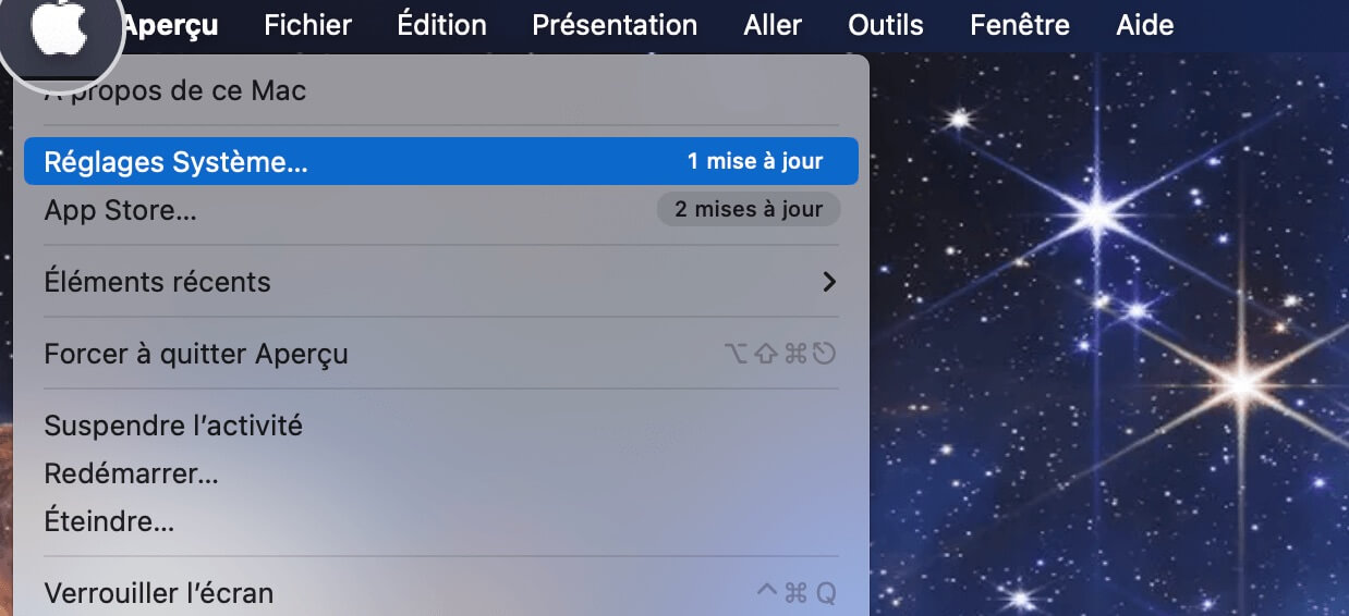Menu Paramètres système Mac avec diverses options de paramètres, y compris les paramètres réseau et de sécurité.