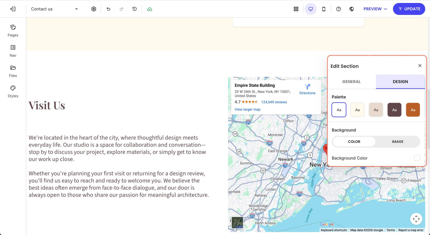 A map section on a page in Website Builder displaying the section's settings
