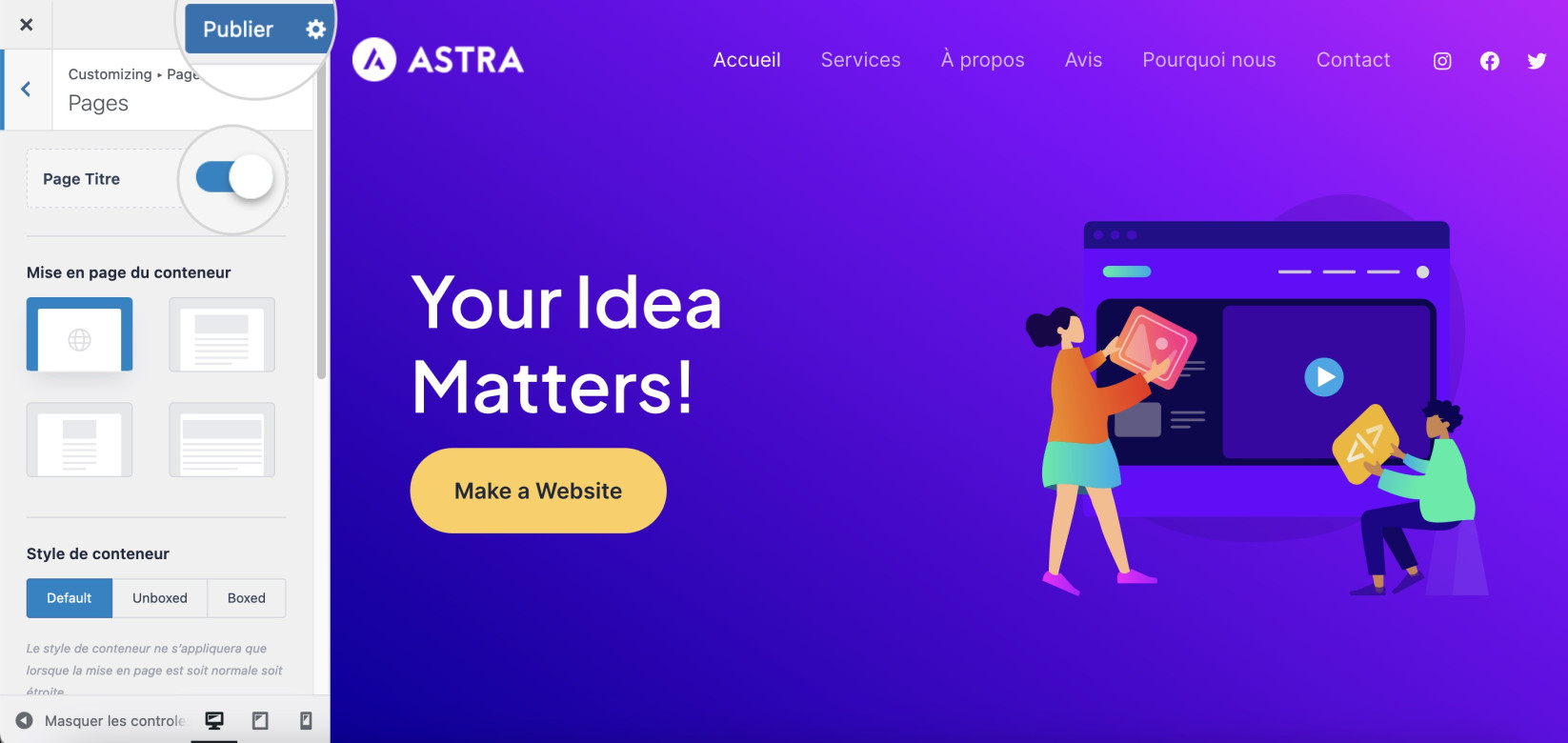 Capture d’écran de l’option de masquage du titre dans Astra WordPress