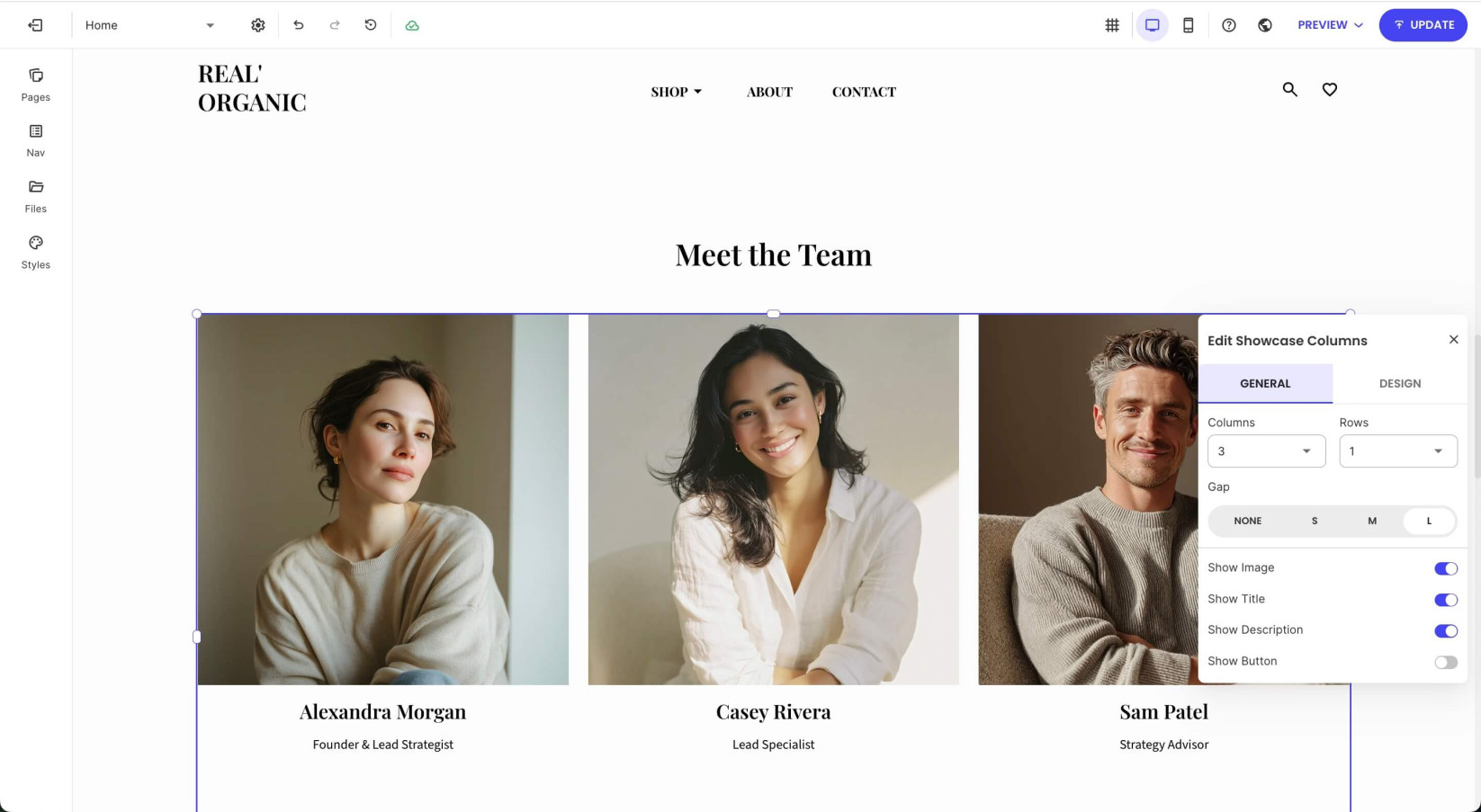 A page in Website Builder showing a template section from the Team category