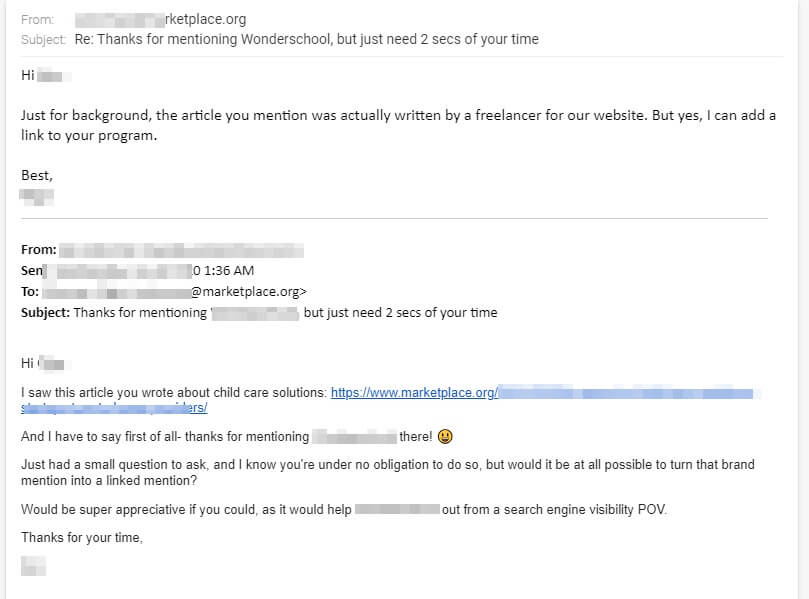 Capture d'écran d'un modèle d'e-mail présentant une demande polie visant à transformer une mention de marque en lien retour.