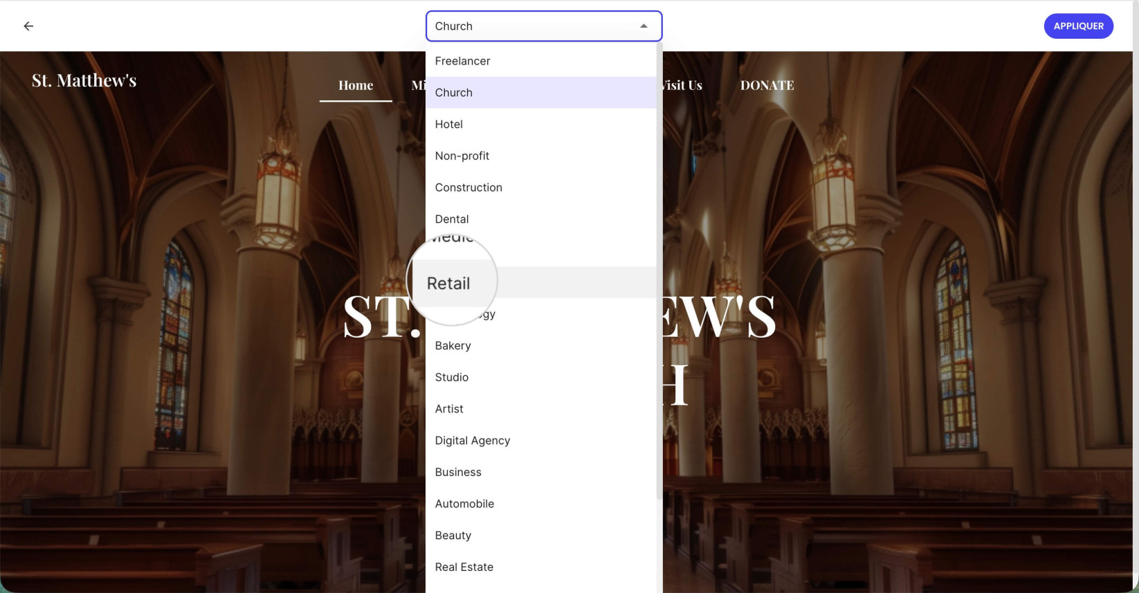 Menu déroulant des modèles disponibles de Website Builder pour changer le modèle prévisualisé 