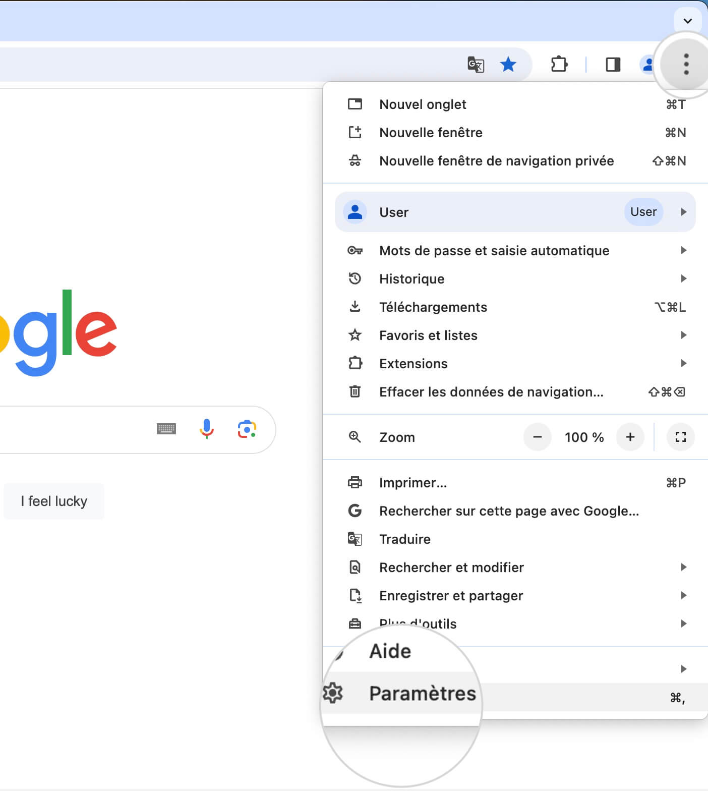 Menu Paramètres dans Google Chrome