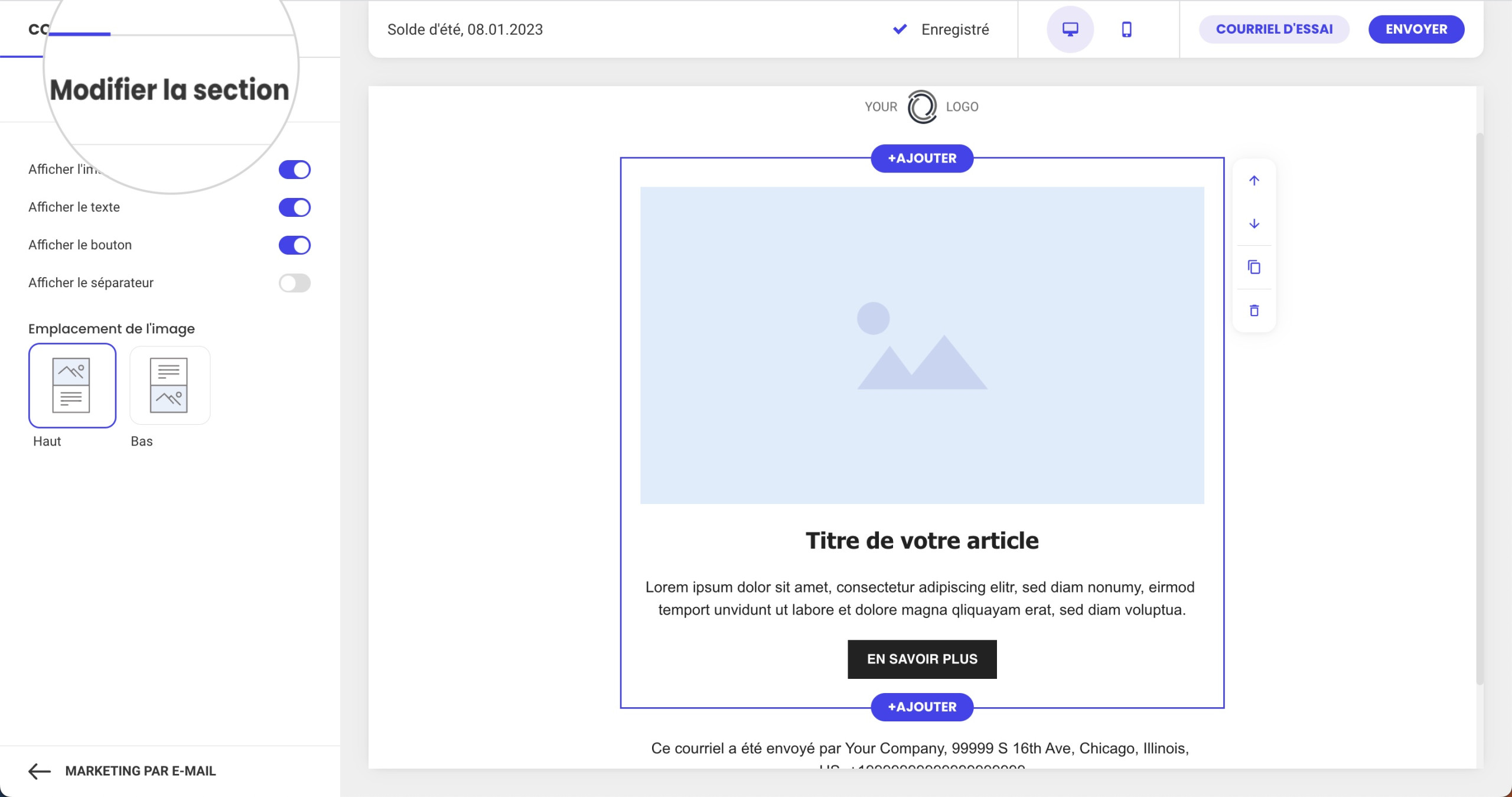 Capture d'écran affichant le menu Modifier la section