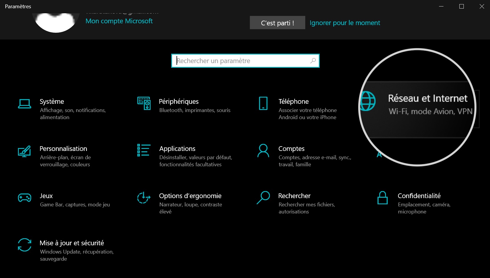 Capture d'écran du menu Réseau et Internet dans les paramètres Windows