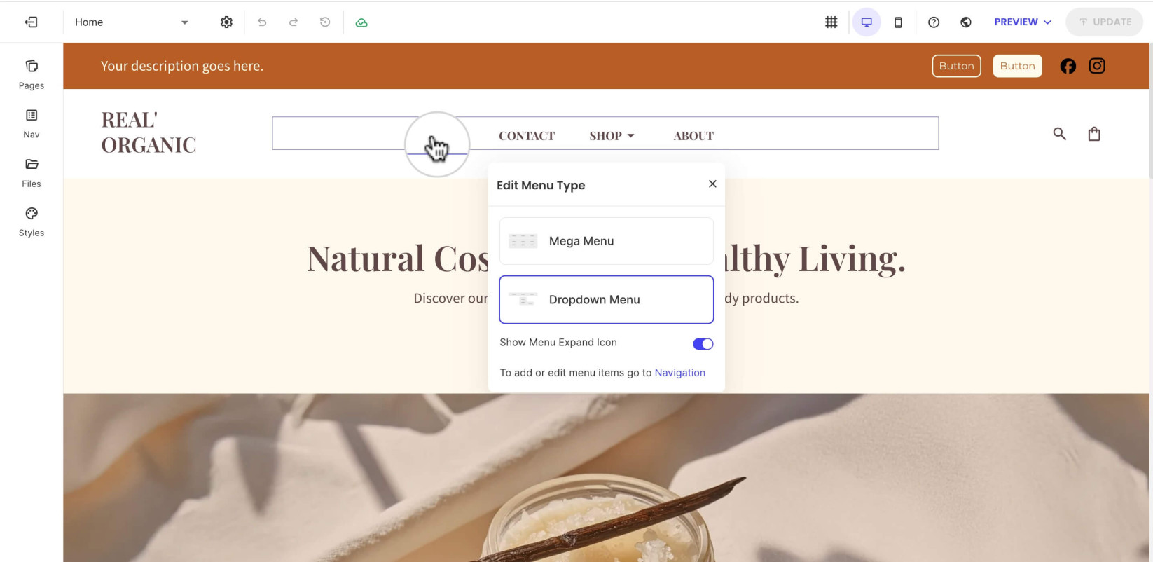 Menu types options in Website Builder