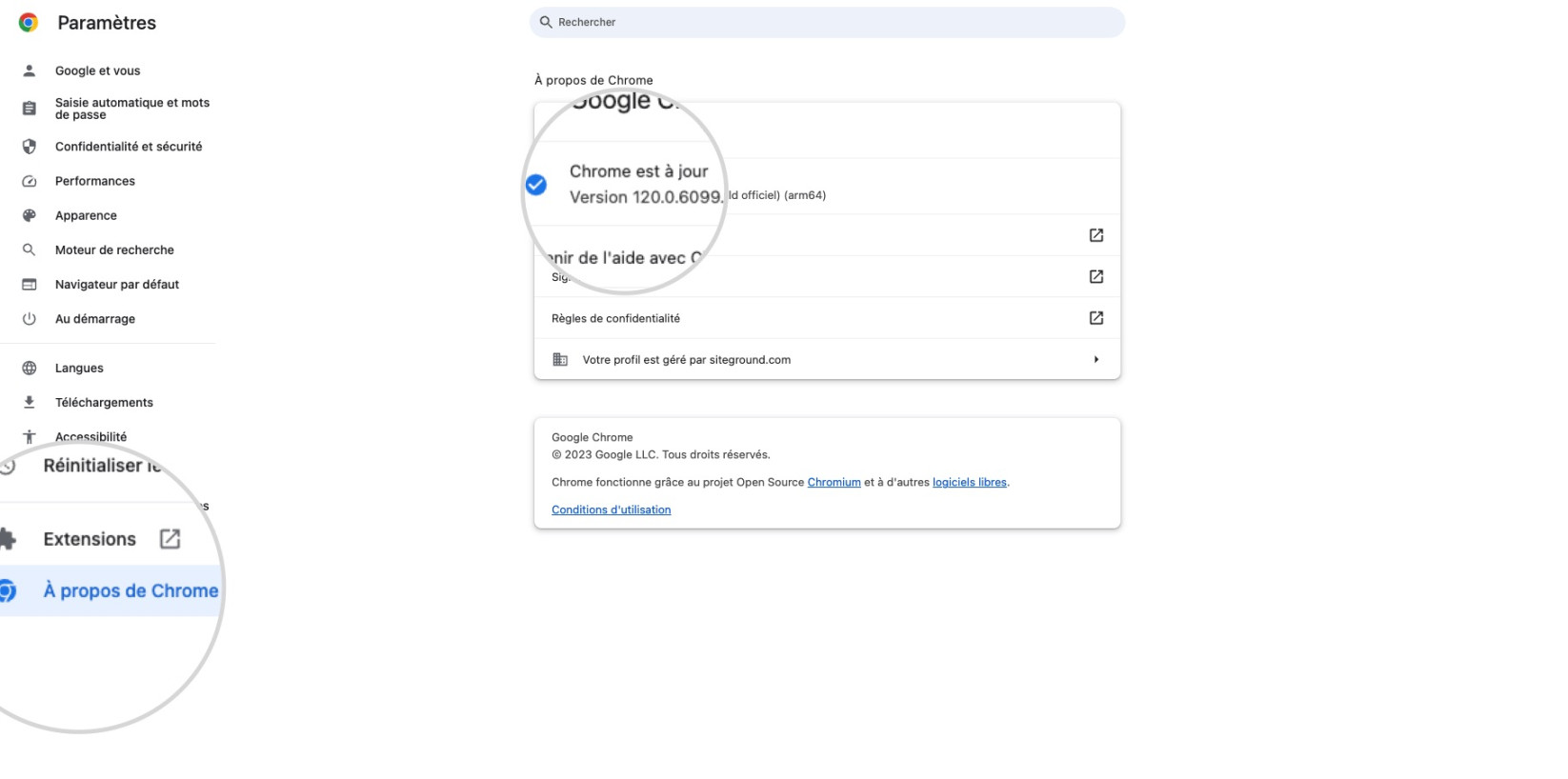 Capture d'écran montrant comment pousser Chrome à se mettre à jour vers la dernière version disponible