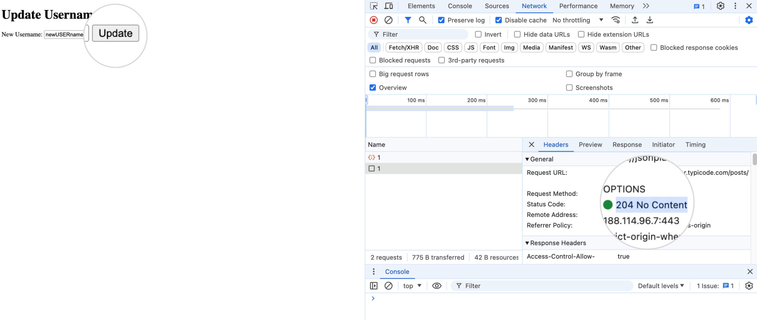 Capture d'écran montrant un code d'état 204 (aucun contenu) dans la console de développement Chrome