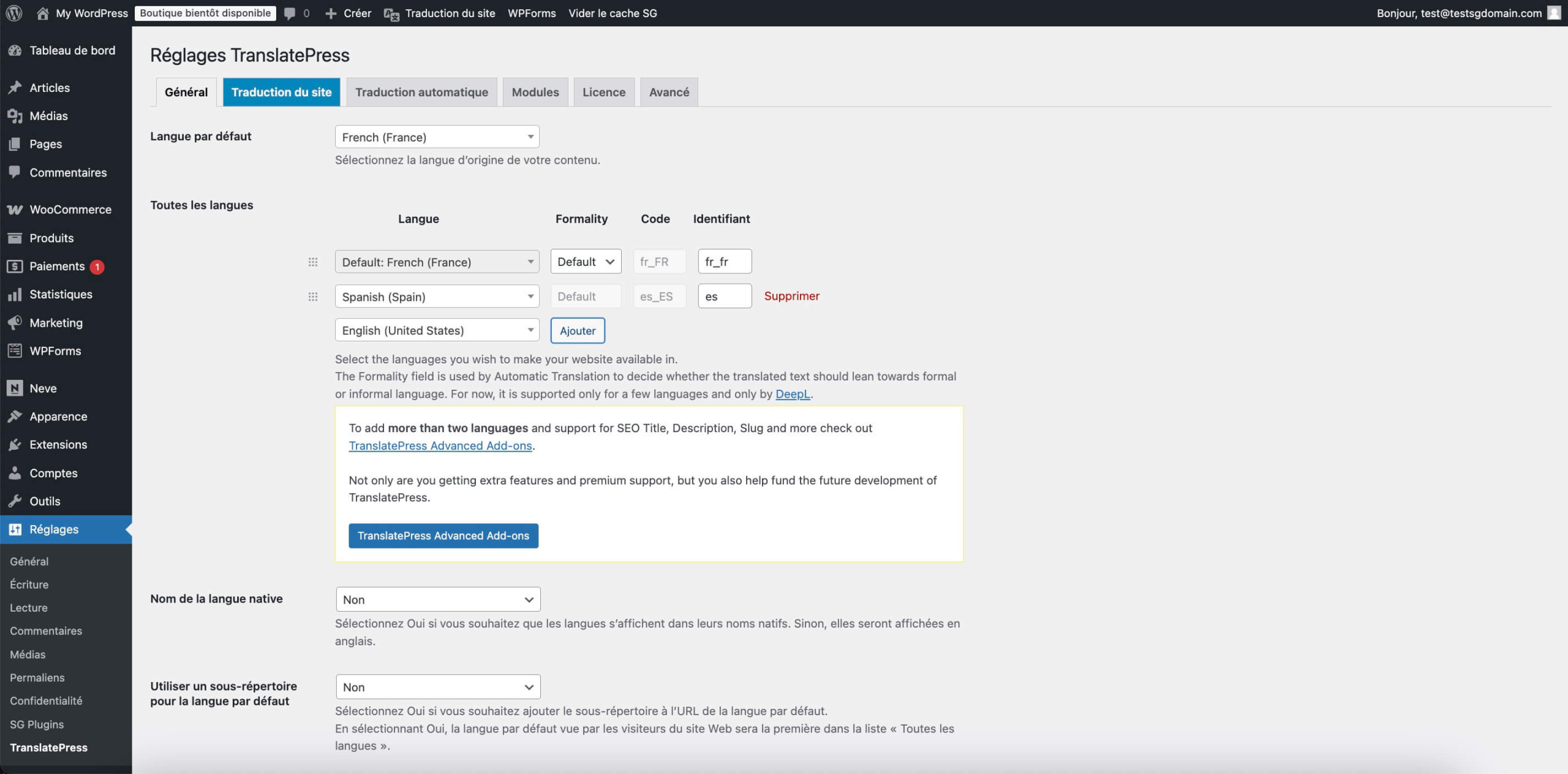 Mise à niveau vers TranslatePress Premium pour des fonctionnalités multilingues supplémentaires.